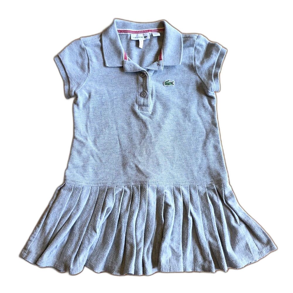 Lacoste Girls' Size 4 Short Sleeve Pique Polo Dress with Pleated Bottom Gray
